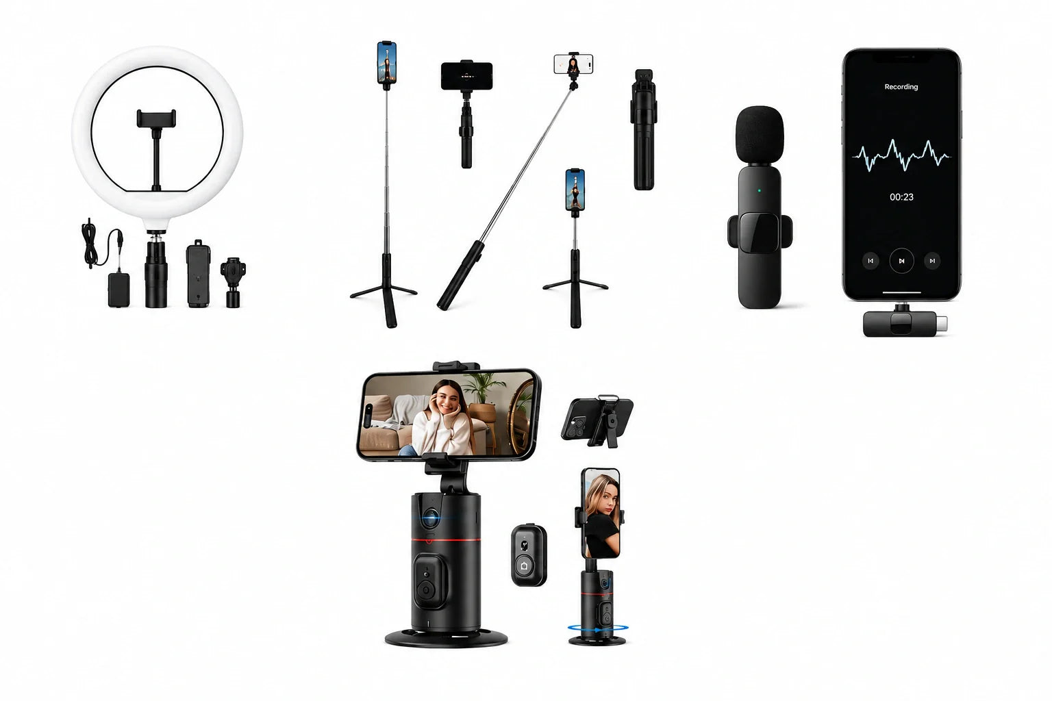 Premium creator gadgets collection including ring light, selfie stick tripod, wireless microphone and AI auto tracking phone holder on white background.