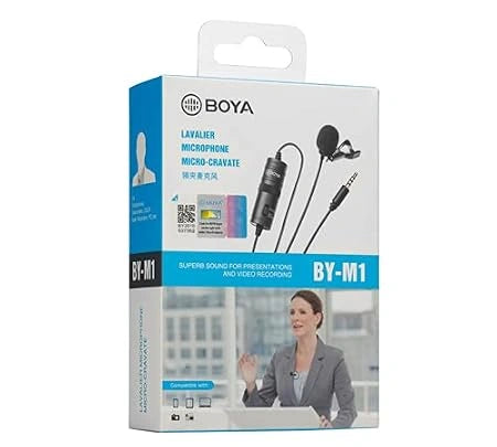 BOYA BY-M1 Professional Lavalier Microphone with 3.5mm connector, compatible with smartphones, DSLR cameras, laptops and audio recorders for video recording, interviews and live streaming.