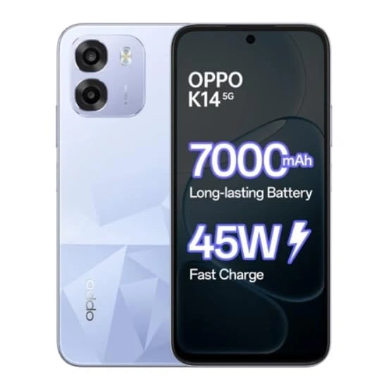 OPPO K14 5G smartphone with 7000mAh battery, 45W fast charging, 50MP camera and IP69 protection