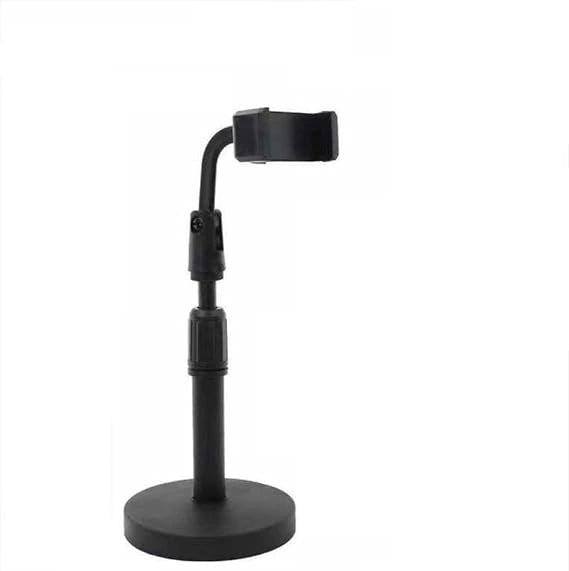 Adjustable desktop microphone stand with mobile holder, ideal for podcasting, video recording, live streaming, online classes and content creation.
