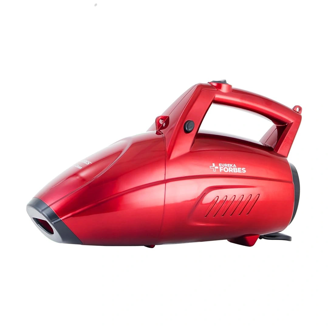 Eureka Forbes Super Clean 800W handheld vacuum cleaner with powerful 16kPa suction, HEPA filter, dual suction & blower function, and 7 cleaning attachments.