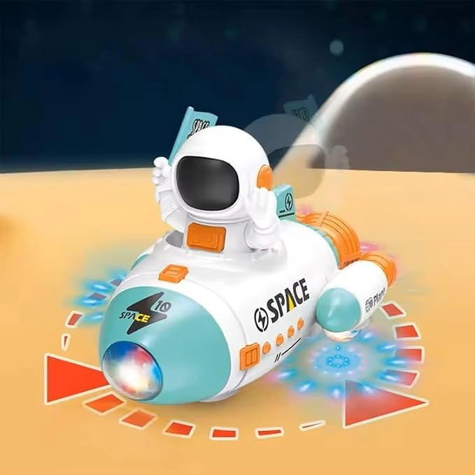 Shop the Space Rocket Car Toy with colorful LED lights, music, astronaut figure, 360° rotation, bump & go movement, and sound effects. Perfect space-themed toy for kids from Toy Trendz by JJR Mart.