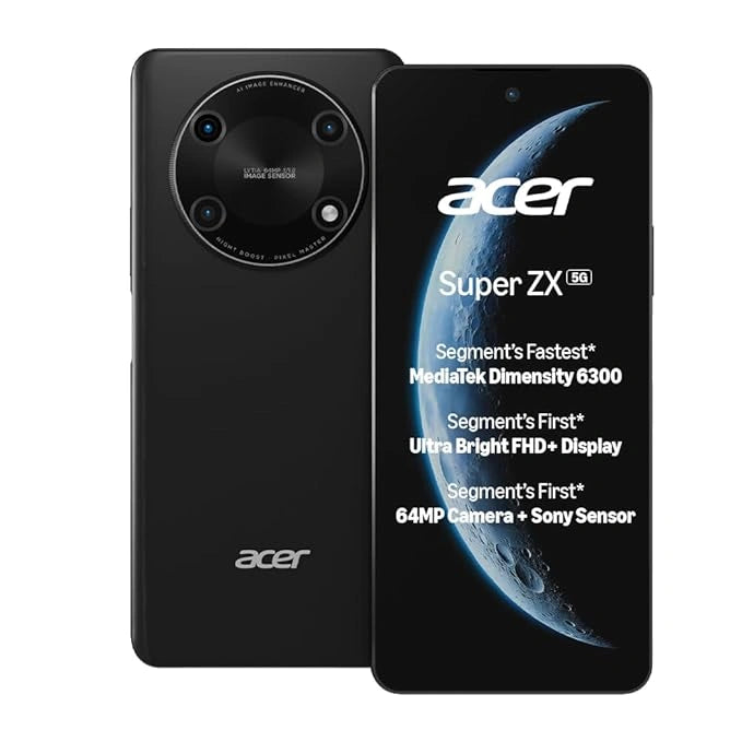 Acer Super ZX 5G Carbon Black smartphone with 6.8-inch FHD+ 120Hz display, Sony 64MP AI triple camera, Dimensity 6300 processor and 5000mAh battery.