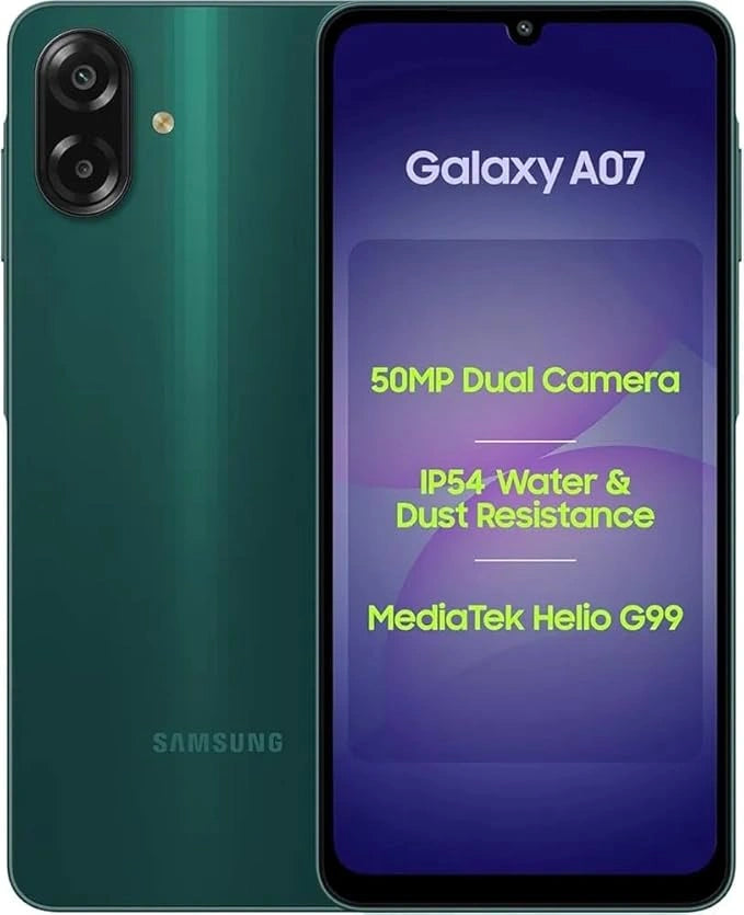 Samsung Galaxy A07 Green with 6.7-inch display, 50MP dual camera, MediaTek Helio G99, IP54 water and dust resistance.