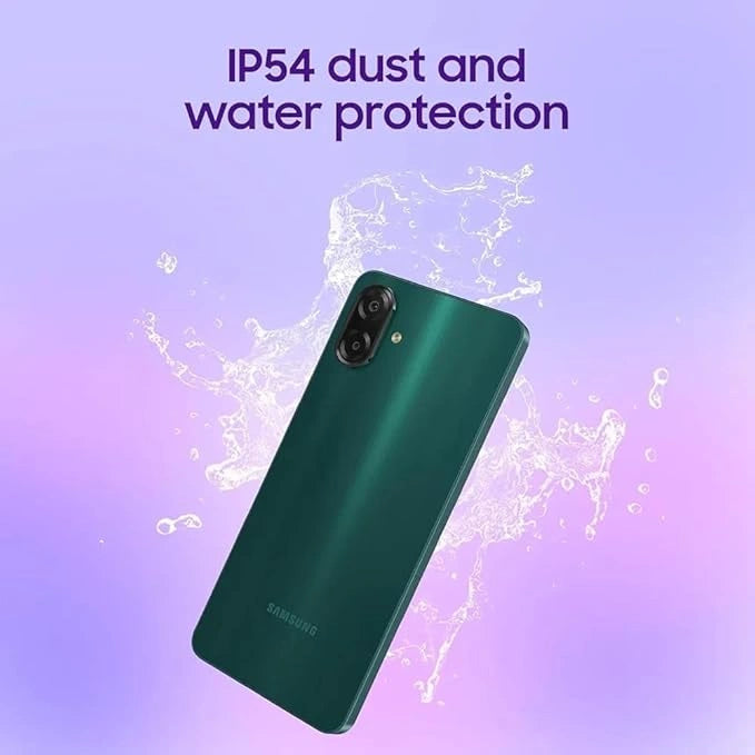 Samsung Galaxy A07 Green with 6.7-inch display, 50MP dual camera, MediaTek Helio G99, IP54 water and dust resistance.