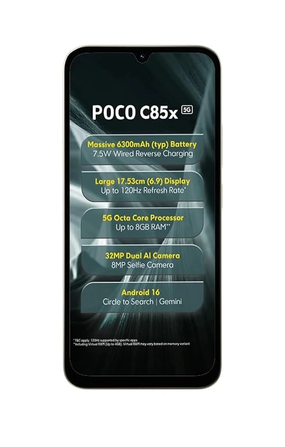 POCO C85x 5G Smartphone with 6300mAh Battery, 120Hz Display and 32MP AI Dual Camera | JJR Mobiles