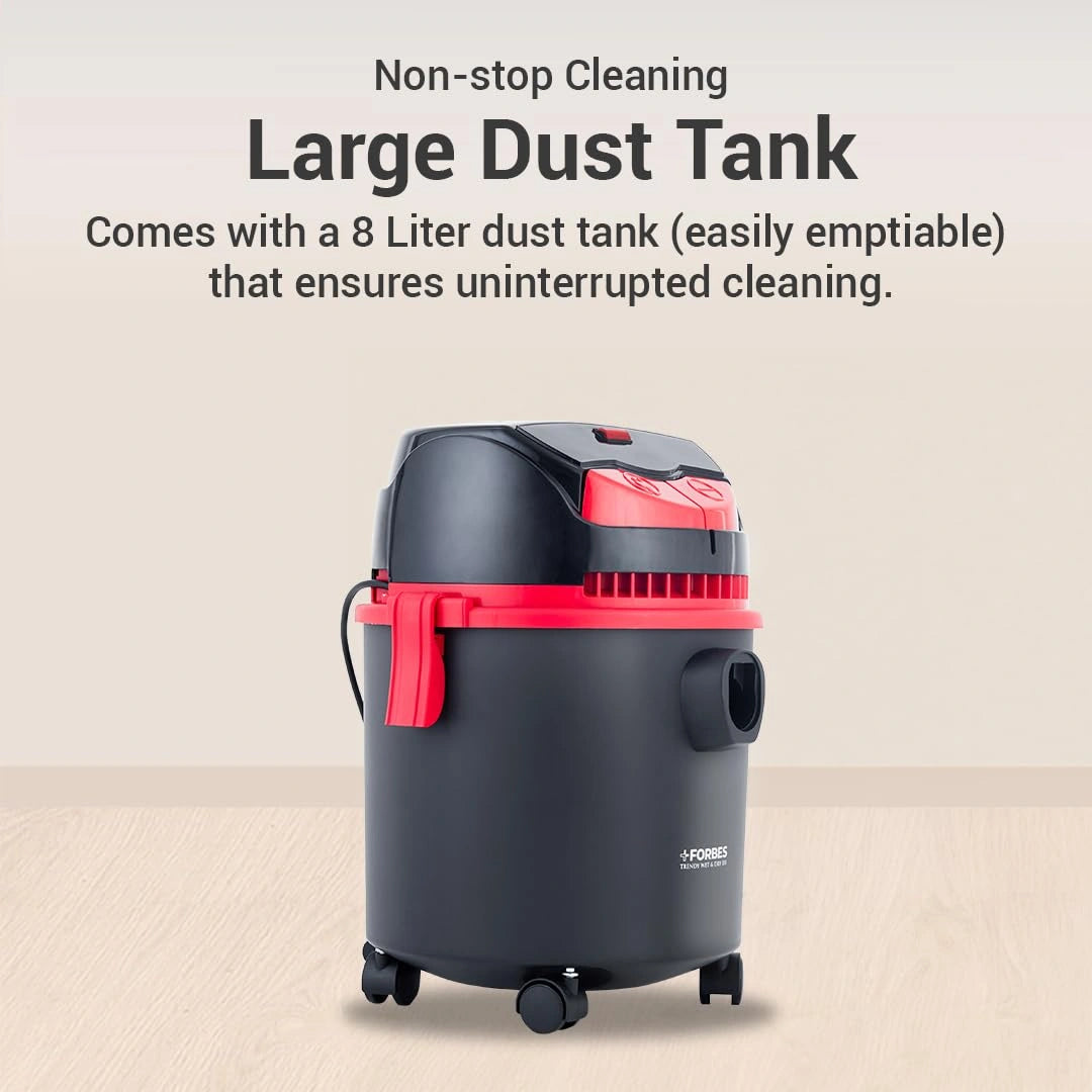 Eureka Forbes Trendy Wet & Dry DX Vacuum Cleaner with 1150W motor, 18kPa suction, blower function, 10L dust tank, 8L liquid tank and multiple cleaning accessories.