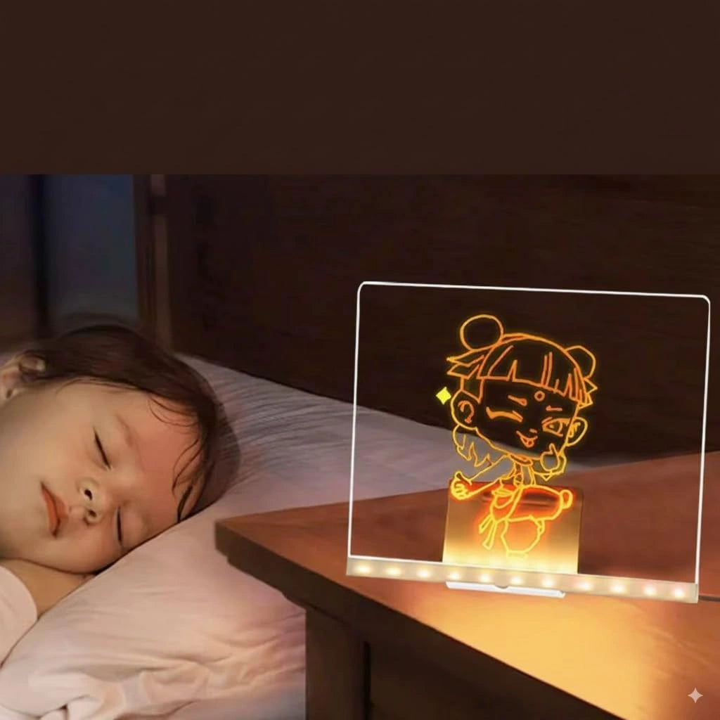 LED acrylic message board with RGB lighting, reusable writing surface, USB powered, includes colorful markers and cleaning cloth.