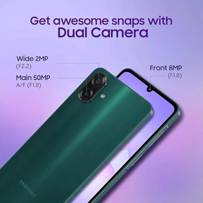 Samsung Galaxy A07 Green with 6.7-inch display, 50MP dual camera, MediaTek Helio G99, IP54 water and dust resistance.