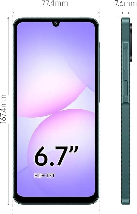 Samsung Galaxy A07 Green with 6.7-inch display, 50MP dual camera, MediaTek Helio G99, IP54 water and dust resistance.