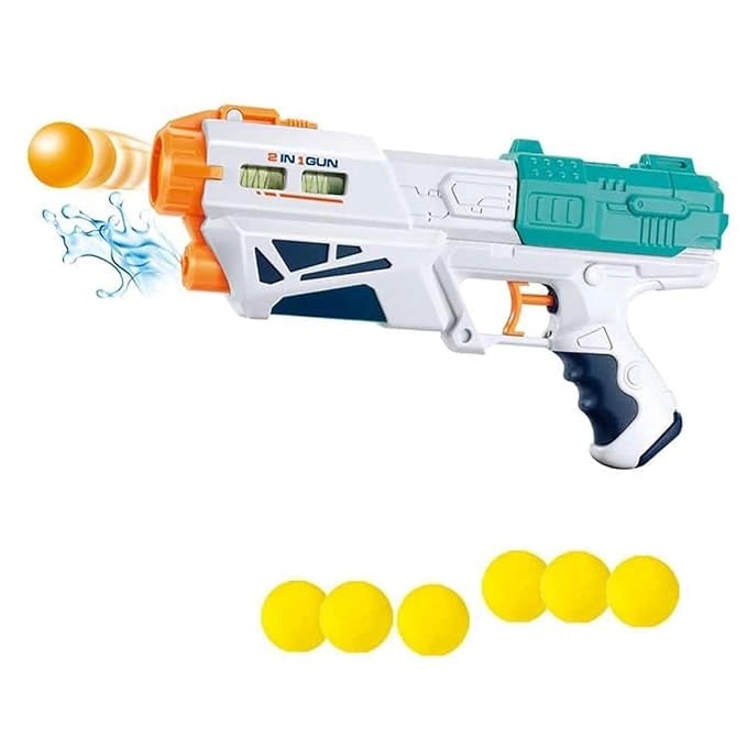 2-in-1 Bowling & Water Shooting Gun toy with soft foam balls, bowling pins and water spray blaster for kids age 3+, available at Toy Trendz by JJR Mart.