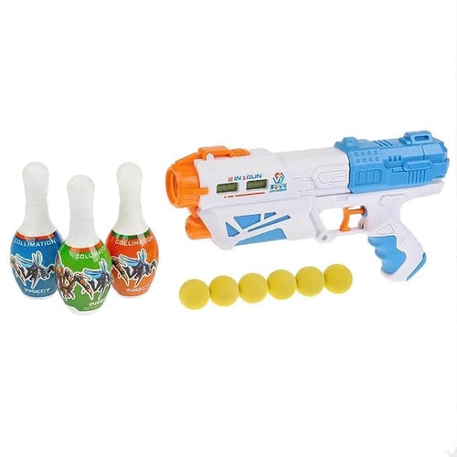2-in-1 Bowling & Water Shooting Gun toy with soft foam balls, bowling pins and water spray blaster for kids age 3+, available at Toy Trendz by JJR Mart.