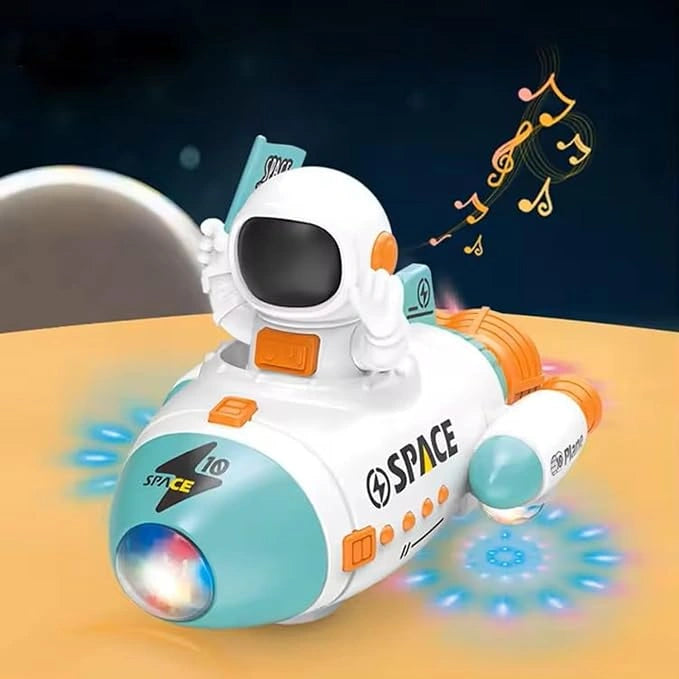 Shop the Space Rocket Car Toy with colorful LED lights, music, astronaut figure, 360° rotation, bump & go movement, and sound effects. Perfect space-themed toy for kids from Toy Trendz by JJR Mart.