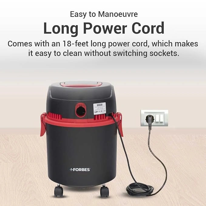 Eureka Forbes Trendy Wet & Dry DX Vacuum Cleaner with 1150W motor, 18kPa suction, blower function, 10L dust tank, 8L liquid tank and multiple cleaning accessories.