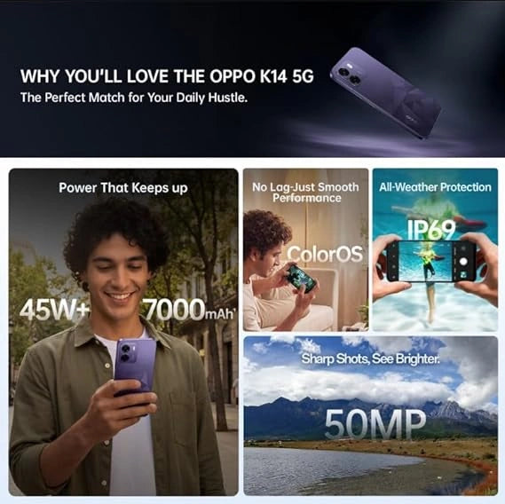 OPPO K14 5G smartphone with 7000mAh battery, 45W fast charging, 50MP camera and IP69 protection