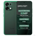 OPPO F33 5G Pearl White smartphone displayed with retail box, featuring 50MP AI dual rear camera, 16MP selfie camera, Dimensity 6360 MAX processor, and 7000mAh battery.