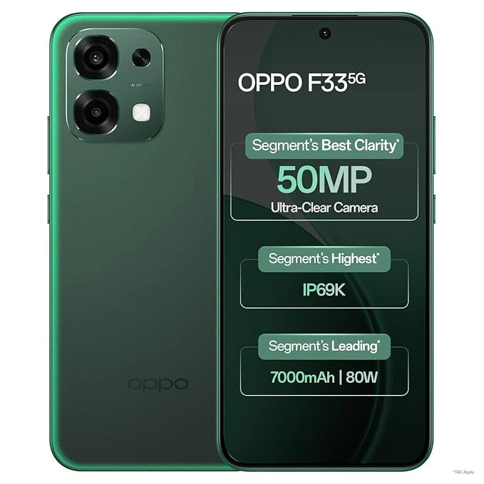 OPPO F33 5G Pearl White smartphone displayed with retail box, featuring 50MP AI dual rear camera, 16MP selfie camera, Dimensity 6360 MAX processor, and 7000mAh battery.