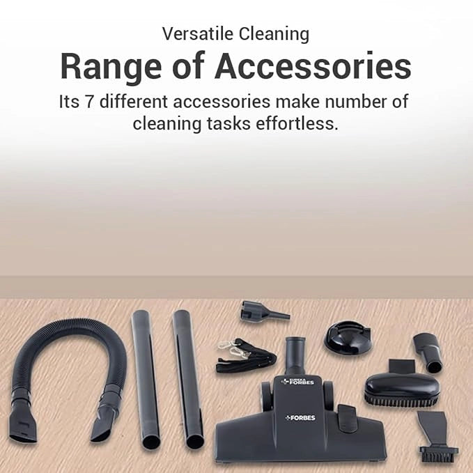 Eureka Forbes Super Clean 800W handheld vacuum cleaner with powerful 16kPa suction, HEPA filter, dual suction & blower function, and 7 cleaning attachments.