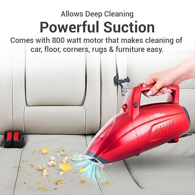 Eureka Forbes Super Clean 800W handheld vacuum cleaner with powerful 16kPa suction, HEPA filter, dual suction & blower function, and 7 cleaning attachments.