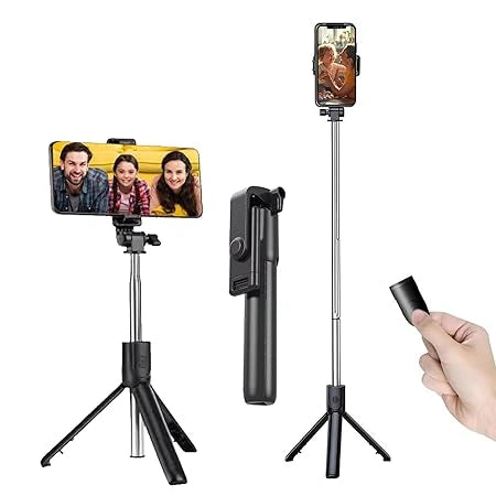 Bluetooth Selfie Stick Tripod with wireless remote control, extendable stand and mobile holder for selfies, video recording, Instagram Reels and live streaming.