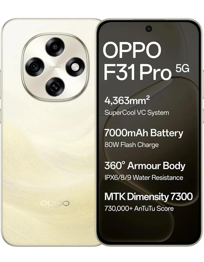OPPO F31 Pro 5G Gold Smartphone with 50MP OIS Camera, 7000mAh Battery and AMOLED Display - JJR Mobiles & JJR Mart