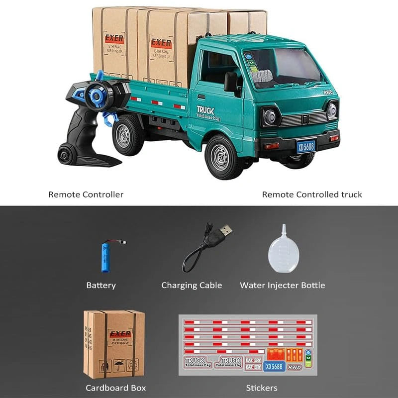 1:16 RC Container Transport Truck with smoke effect, LED headlights, cargo storage, and 2.4GHz remote control from Toy Trendz by JJR Mart.