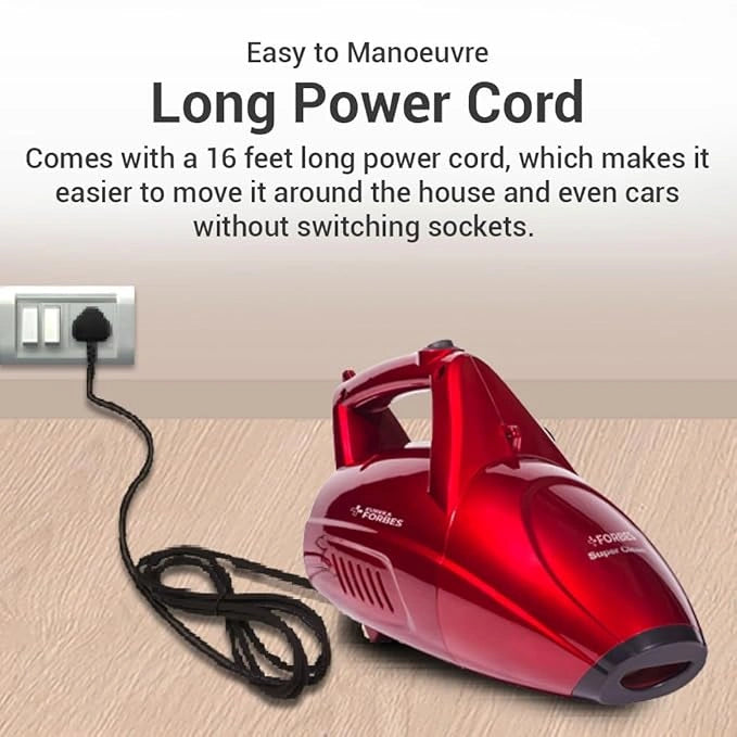 Eureka Forbes Super Clean 800W handheld vacuum cleaner with powerful 16kPa suction, HEPA filter, dual suction & blower function, and 7 cleaning attachments.