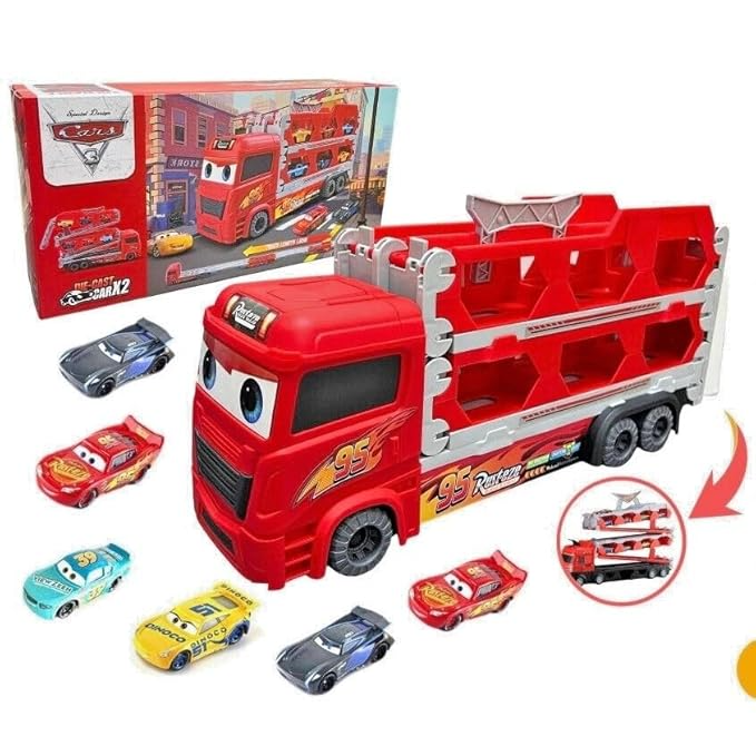Lightning McQueen Car Carrier Truck Play Set with Foldable Track and Mini Cars | Toy Trendz by JJR MART
