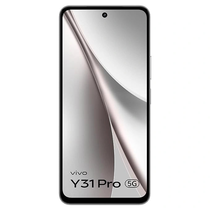 vivo Y31 Pro 5G Dreamy White smartphone with MediaTek Dimensity 7300 processor, FHD display, 50MP camera, dual stereo speakers and military-grade durability.