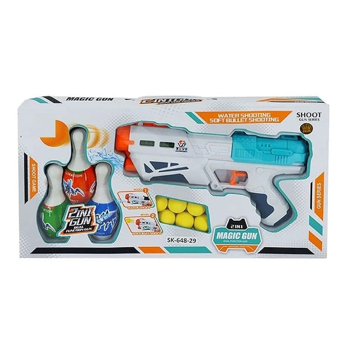 2-in-1 Bowling & Water Shooting Gun toy with soft foam balls, bowling pins and water spray blaster for kids age 3+, available at Toy Trendz by JJR Mart.