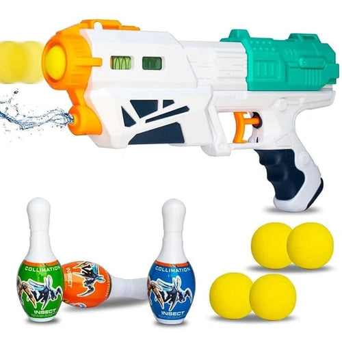 2-in-1 Bowling & Water Shooting Gun toy with soft foam balls, bowling pins and water spray blaster for kids age 3+, available at Toy Trendz by JJR Mart.