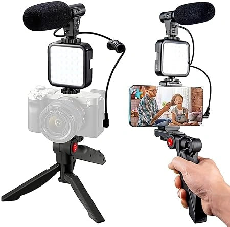 Video Making Kit with microphone, LED light, tripod grip and mobile holder for YouTube, Instagram Reels, vlogging and live streaming.