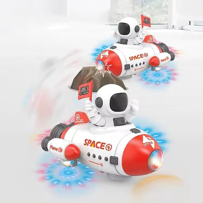 Shop the Space Rocket Car Toy with colorful LED lights, music, astronaut figure, 360° rotation, bump & go movement, and sound effects. Perfect space-themed toy for kids from Toy Trendz by JJR Mart.
