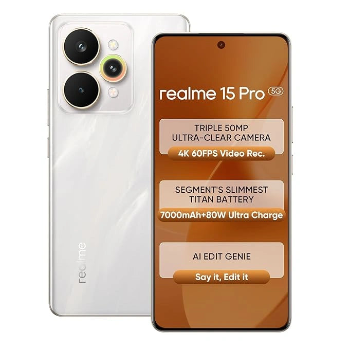 Realme 15 Pro 5G smartphone with Snapdragon 7 Gen 4 processor, 50MP dual rear cameras, 50MP selfie camera, 7000mAh battery, and 144Hz curved display.