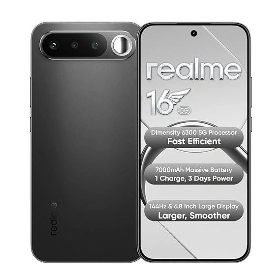 realme 16 5G Air Black with 7000mAh battery, 60W fast charging, AMOLED 120Hz display, 50MP AI camera and Dimensity 6400 Turbo processor