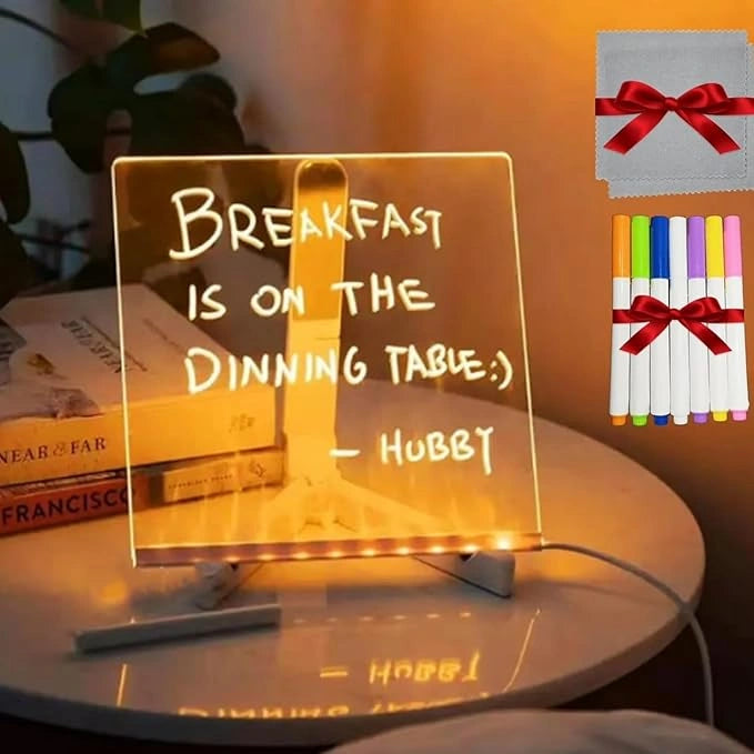LED acrylic message board with RGB lighting, reusable writing surface, USB powered, includes colorful markers and cleaning cloth.
