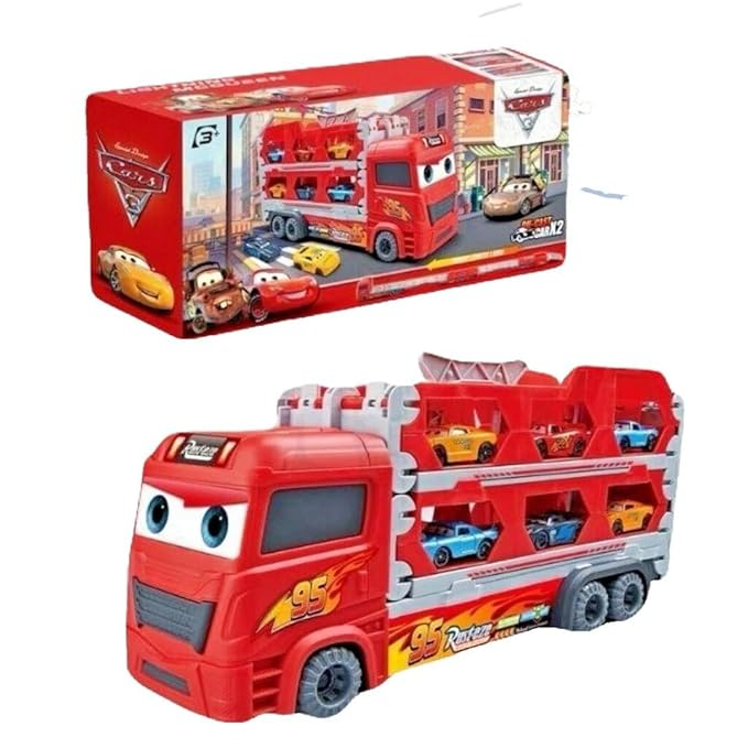Lightning McQueen Car Carrier Truck Play Set with Foldable Track and Mini Cars | Toy Trendz by JJR MART