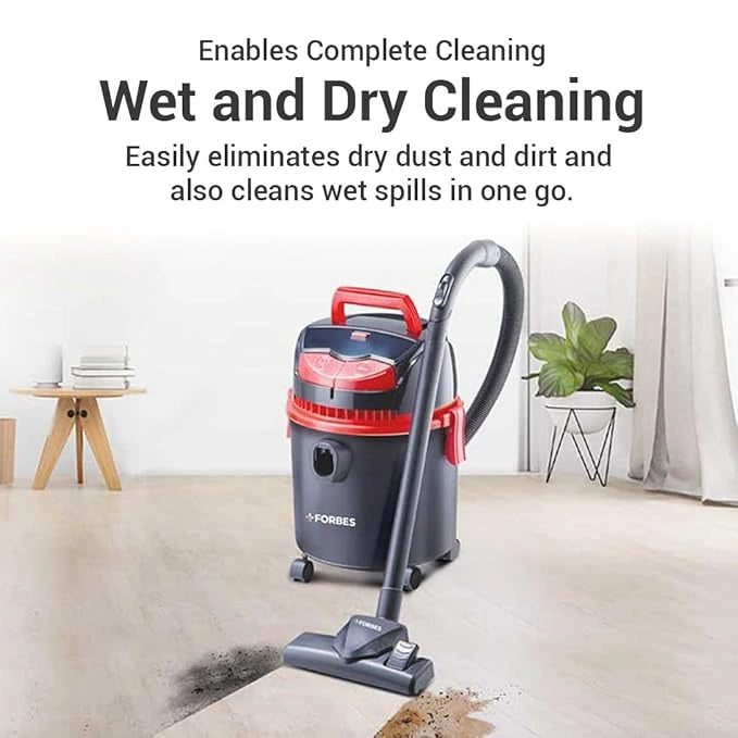 Eureka Forbes Trendy Wet & Dry DX Vacuum Cleaner with 1150W motor, 18kPa suction, blower function, 10L dust tank, 8L liquid tank and multiple cleaning accessories.