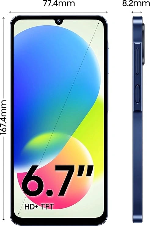 Samsung Galaxy F70e 5G Spotlight Blue smartphone with 6.74-inch display, Dimensity 6300 processor, 6000mAh battery and 128GB storage.