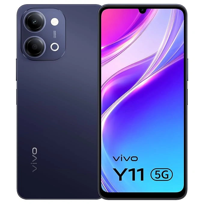 VIVO Y11 5G smartphone in black color with dual rear camera, large HD+ display and sleek design available at JJR Mobiles on JJRMart
