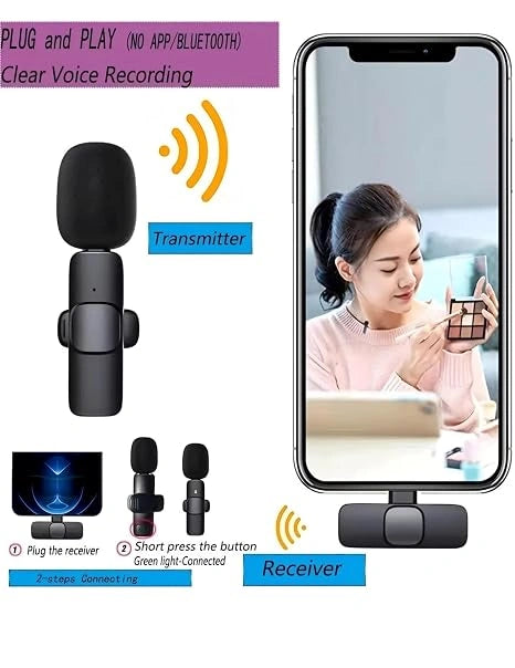 K9 Wireless Lavalier Microphone with Type-C Receiver for Android smartphones, perfect for video recording, YouTube, Instagram Reels, interviews and live streaming.