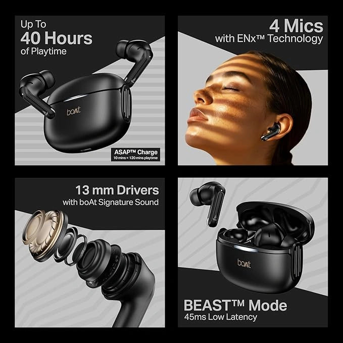 boAt Airdopes 219 Wireless Bluetooth Earbuds with Quad Mic ENx Technology, 40 Hours Battery, BEAST Gaming Mode, Bluetooth 5.4