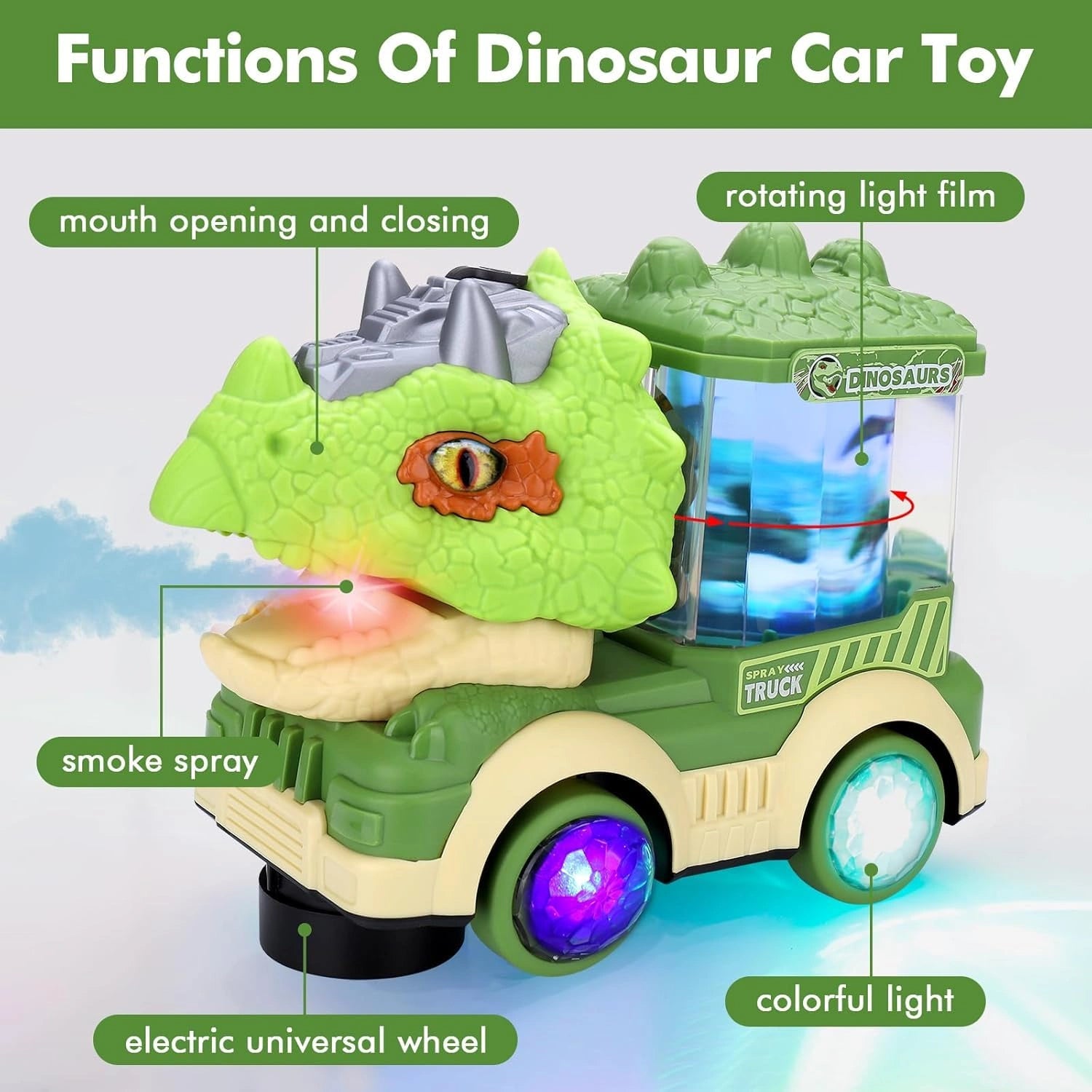 Triceratops Dinosaur Spray Truck Toy with Mist Spray, LED Lights, Music, Moving Mouth & Bump Go Action | Toy Trendz JJR Mart