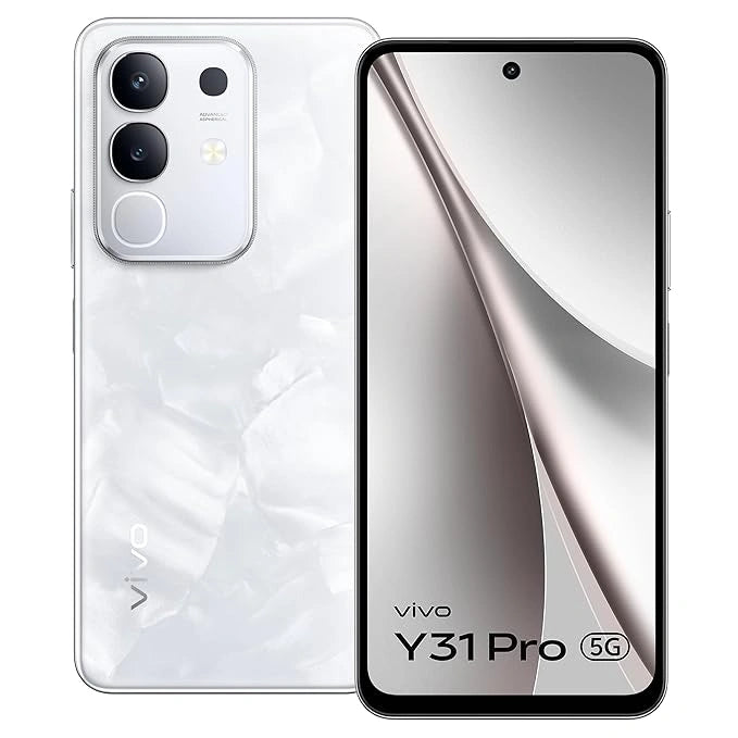 vivo Y31 Pro 5G Dreamy White smartphone with MediaTek Dimensity 7300 processor, FHD display, 50MP camera, dual stereo speakers and military-grade durability.