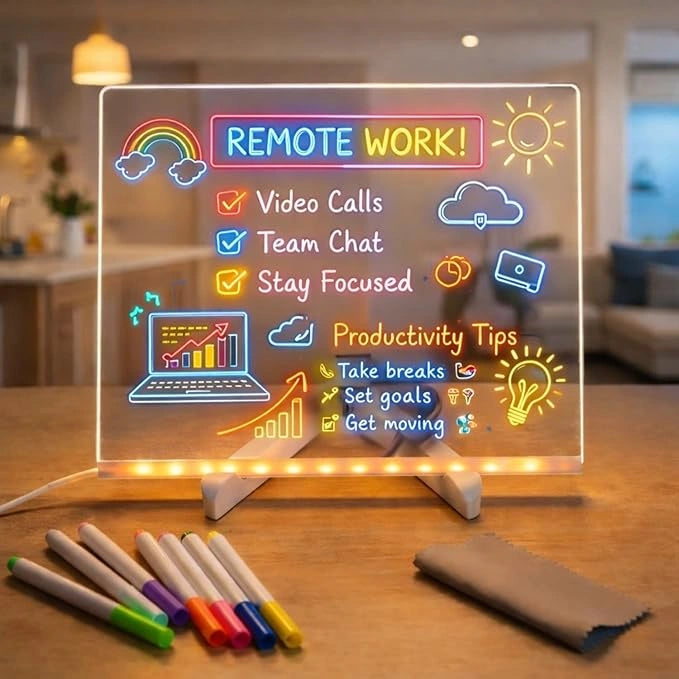 LED acrylic message board with RGB lighting, reusable writing surface, USB powered, includes colorful markers and cleaning cloth.