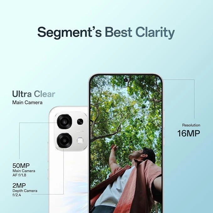 OPPO F33 5G Pearl White smartphone displayed with retail box, featuring 50MP AI dual rear camera, 16MP selfie camera, Dimensity 6360 MAX processor, and 7000mAh battery.