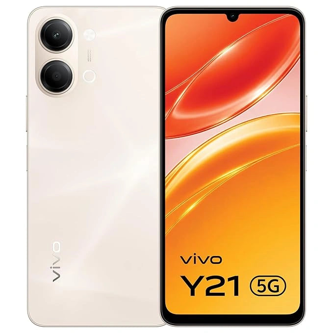 vivo Y21 5G Champagne Gold smartphone with 50MP AI Camera, 6500mAh battery, 44W FlashCharge, 120Hz display and military-grade durability.