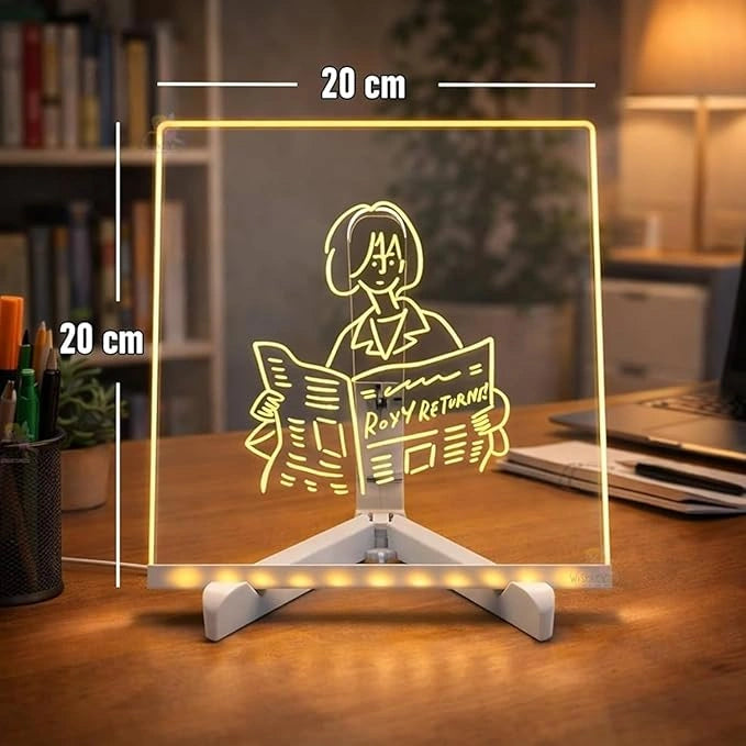 LED acrylic message board with RGB lighting, reusable writing surface, USB powered, includes colorful markers and cleaning cloth.