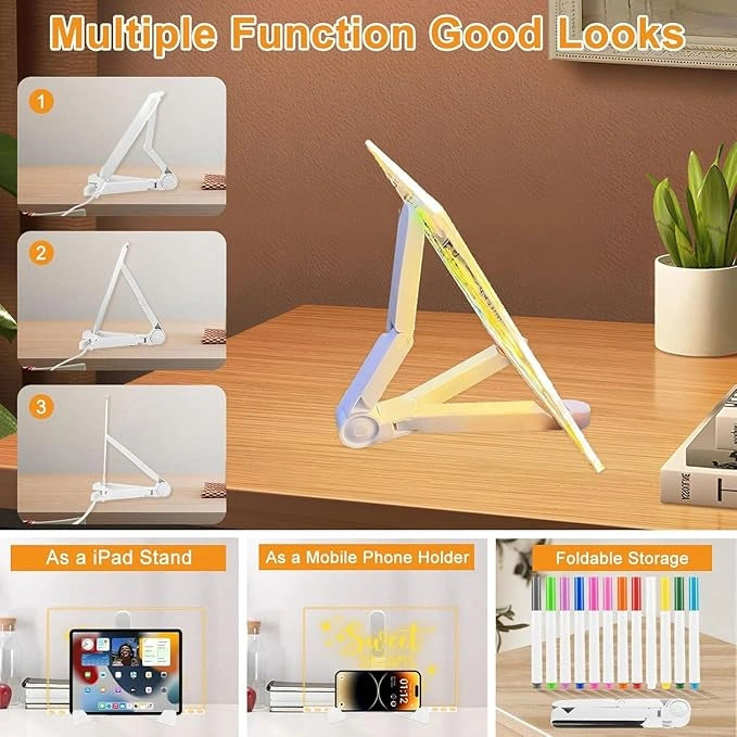 LED acrylic message board with RGB lighting, reusable writing surface, USB powered, includes colorful markers and cleaning cloth.