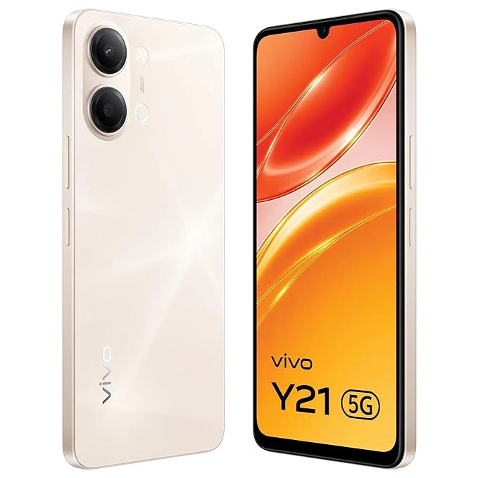 vivo Y21 5G Champagne Gold smartphone with 50MP AI Camera, 6500mAh battery, 44W FlashCharge, 120Hz display and military-grade durability.